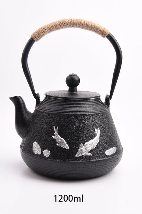 Théière en fonte noire, ornements argentés, anse avec cordon, 1300ml