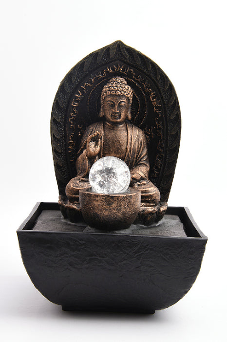 Wasserbrunnen schwarz Buddha sitzend bronzefarben mit Glaskugel 13.5x13.5x20cm