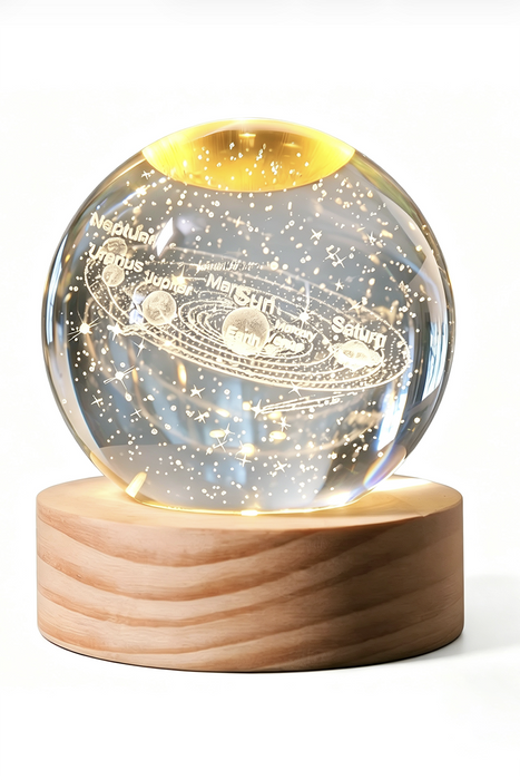 Glaslampe rund Solarsystem 80mm, Holzsockel 60mm mit USB Anschluss