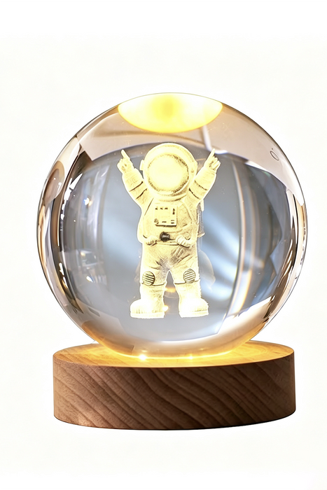 Glaslampe rund Astronaut 80mm, Holzsockel 60mm mit USB Anschluss