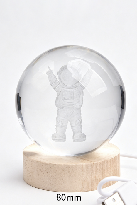 Glaslampe rund Astronaut 80mm, Holzsockel 60mm mit USB Anschluss