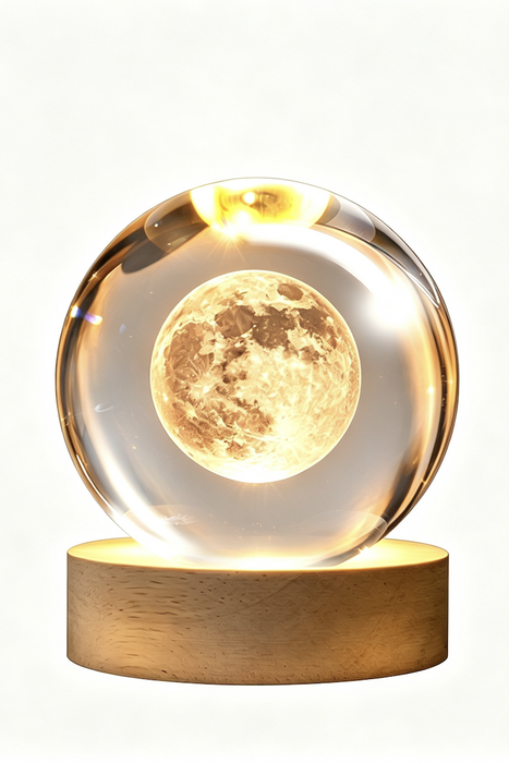 Glaslampe rund Mond 80mm, Holzsockel 60mm mit USB Anschluss