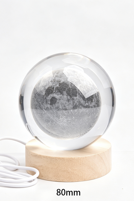 Glaslampe rund Mond 80mm, Holzsockel 60mm mit USB Anschluss