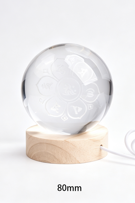 Glaslampe rund 7 Chakra 80mm, Holzsockel 60mm mit USB Anschluss