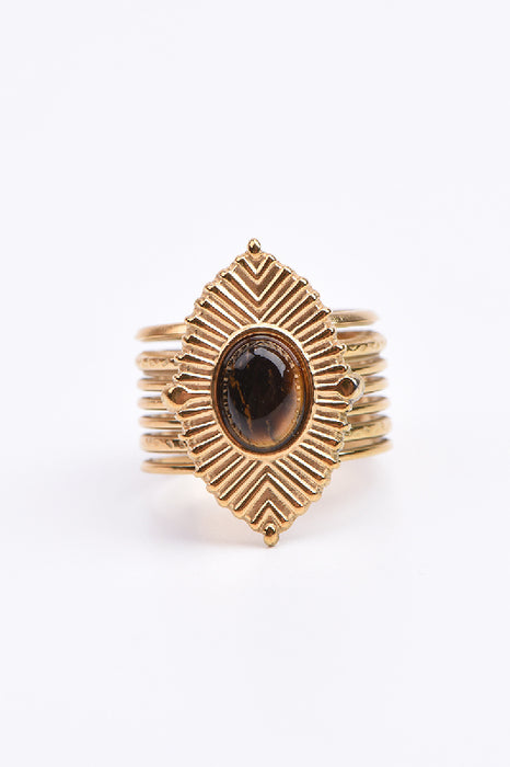 Ring Edelstahl vergoldet Tigerauge oval spitz zulaufend gefasst verstellbar
