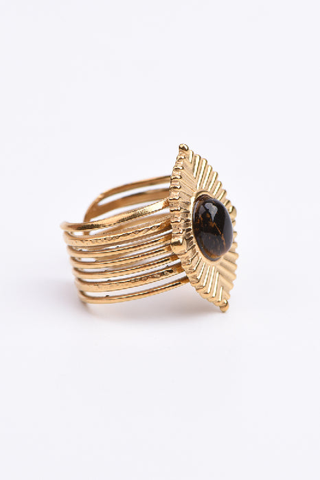 Ring Edelstahl vergoldet Tigerauge oval spitz zulaufend gefasst verstellbar