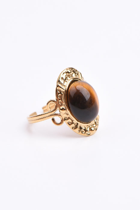 Bague acier inoxydable doré œil de tigre serti fantaisie