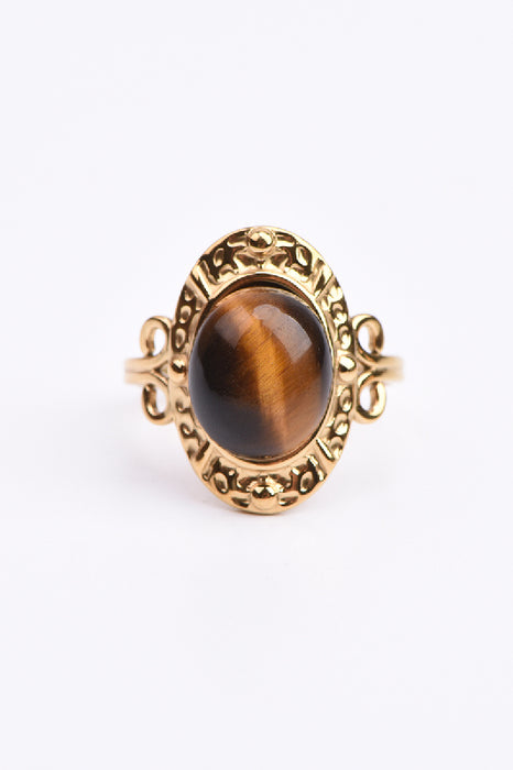 Bague acier inoxydable doré œil de tigre serti fantaisie