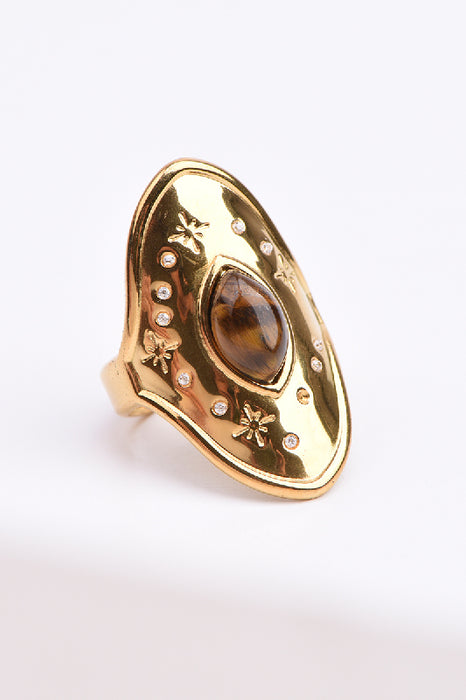 Ring Edelstahl vergoldet Tigerauge ovaler Stein breite Fassung