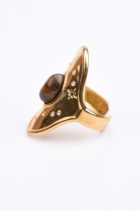 Ring Edelstahl vergoldet Tigerauge ovaler Stein breite Fassung