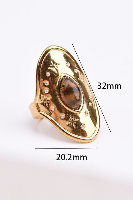 Ring Edelstahl vergoldet Tigerauge ovaler Stein breite Fassung