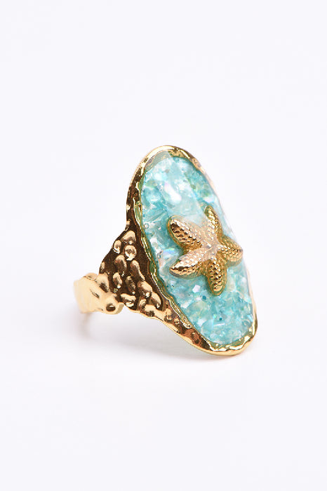 Ring Edelstahl vergoldet Opalit oval mit Stern verstellbar