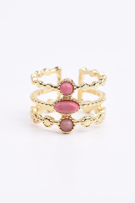 Ring Edelstahl vergoldet 3 Steine Rhodochrosit verstellbar