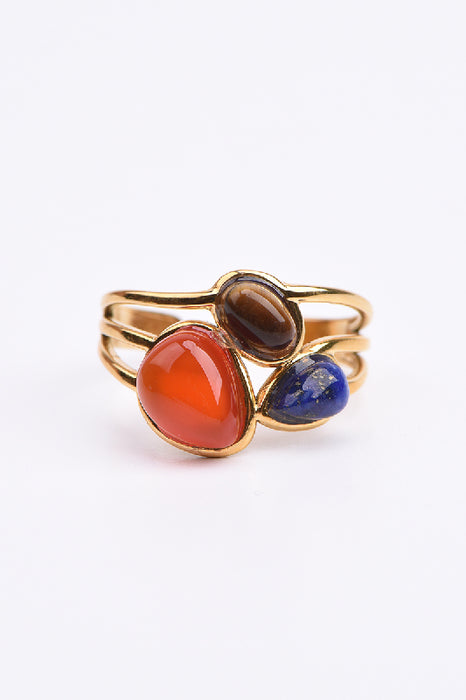 Ring Edelstahl vergoldet Karneol, Tigerauge, Lapis Lazuli verstellbar
