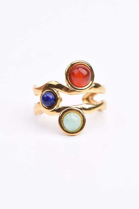 Ring Edelstahl vergoldet Karneol, blauer Amazonit, Lapis Lazuli verstellbar