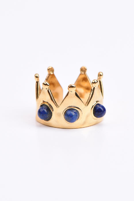 Ring Edelstahl vergoldet Krone mit Lapislazuli Steinen verstellbar