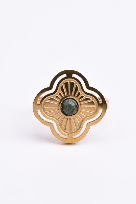 Ring Edelstahl vergoldet Lapis Lazuli gefasst in Blumenform verstellbar