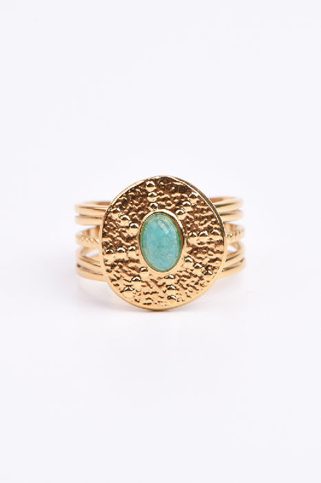 Ring Edelstahl vergoldet blauer Amazonit oval gefasst in Sonnenform verstellbar