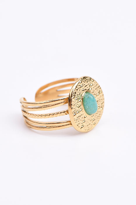 Ring Edelstahl vergoldet blauer Amazonit oval gefasst in Sonnenform verstellbar