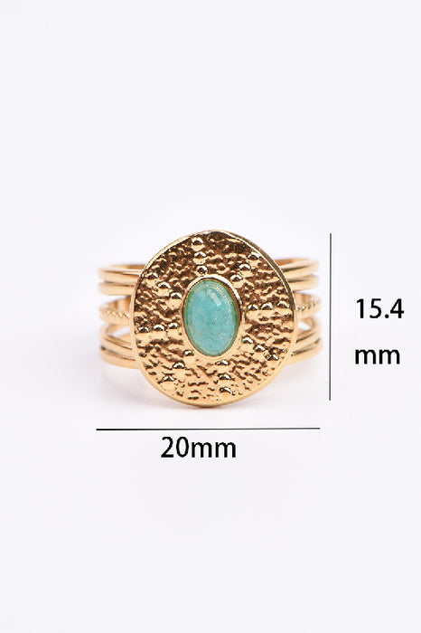 Ring Edelstahl vergoldet blauer Amazonit oval gefasst in Sonnenform verstellbar