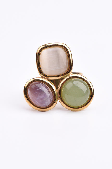 Ring Edelstahl vergoldet Katzenauge, Amethyst und grüner Aventurin verstellbar