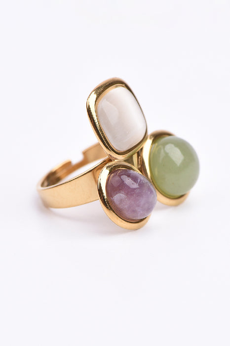 Ring Edelstahl vergoldet Katzenauge, Amethyst und grüner Aventurin verstellbar