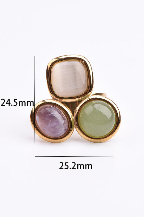 Ring Edelstahl vergoldet Katzenauge, Amethyst und grüner Aventurin verstellbar