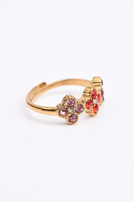Ring Edelstahl vergoldet 3 Blumen Zirkonia Klasse 5A Rottöne