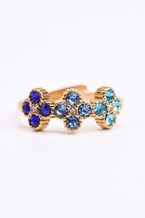 Ring Edelstahl vergoldet 3 Blumen Zirkonia Klasse 5A Blautöne