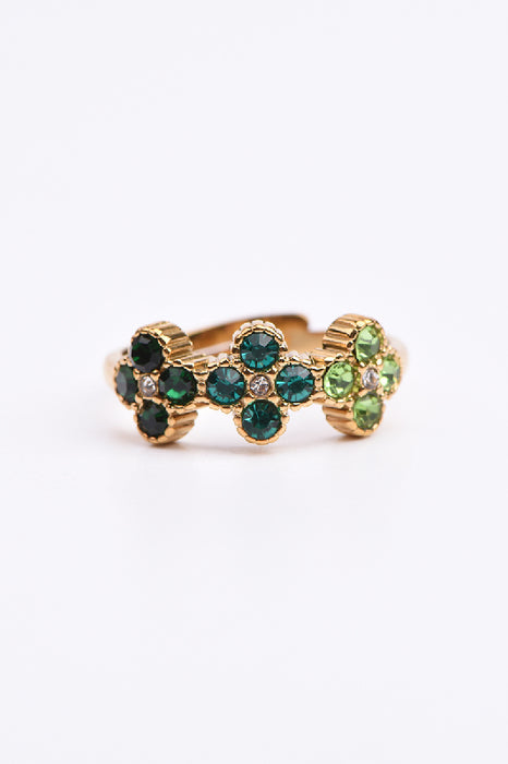 Ring Edelstahl vergoldet 3 Blumen Zirkonia Klasse 5A Grüntöne