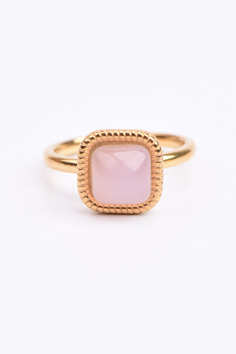 Ring stainless steel gold-plated square rose quartz stone