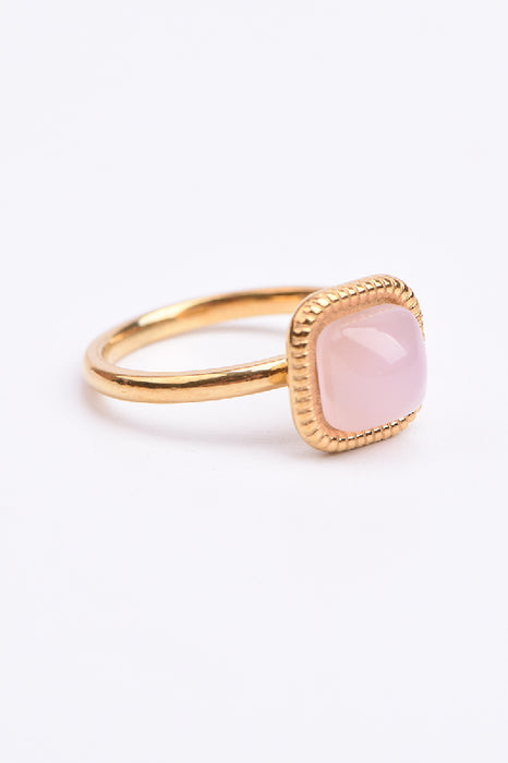 Ring stainless steel gold-plated square rose quartz stone