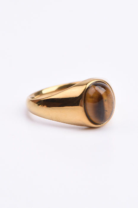 Ring Edelstahl vergoldet Tigerauge massive, glatte Fassung