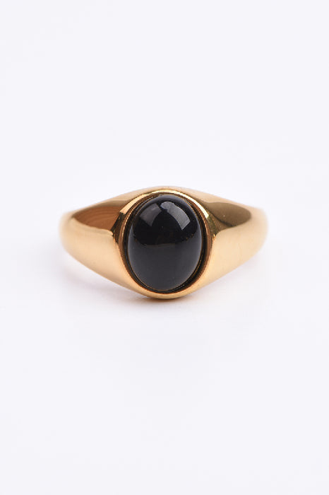 Ring Edelstahl vergoldet schwarzer Obsidian massive, glatte Fassung