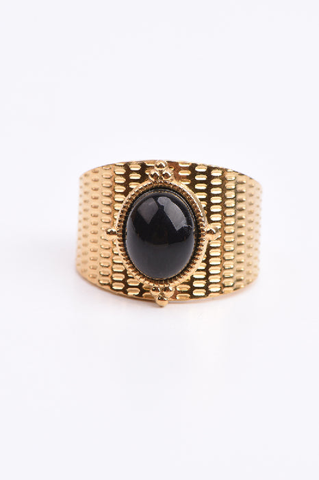 Ring Edelstahl vergoldet schwarzer Obsidian gerippte Fassung verstellbar