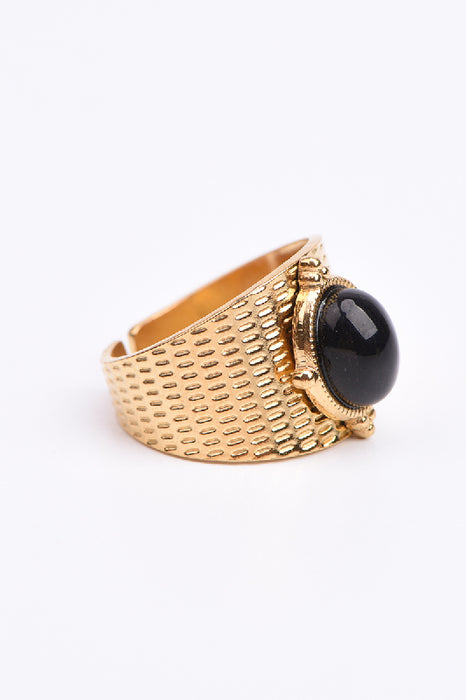 Ring Edelstahl vergoldet schwarzer Obsidian gerippte Fassung verstellbar