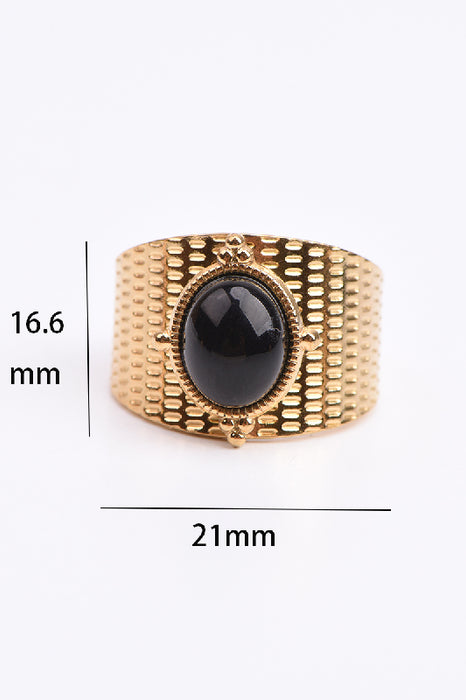 Ring Edelstahl vergoldet schwarzer Obsidian gerippte Fassung verstellbar