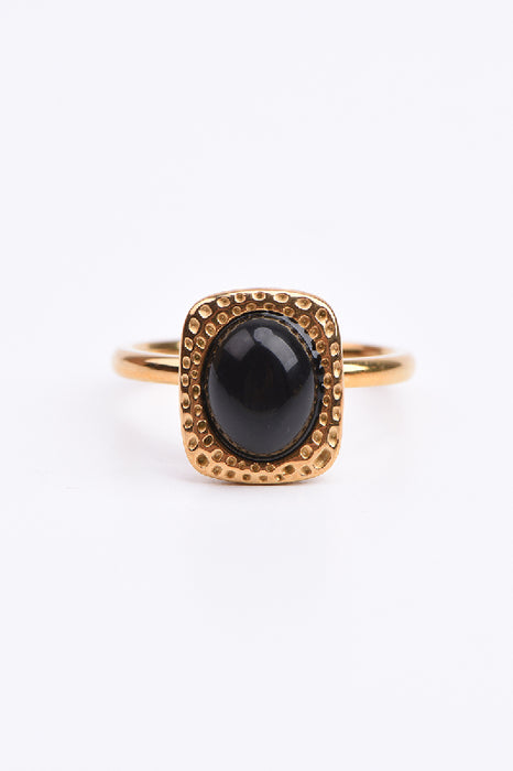 Ring Edelstahl vergoldet schwarzer Obsidian rechteckige Fassung