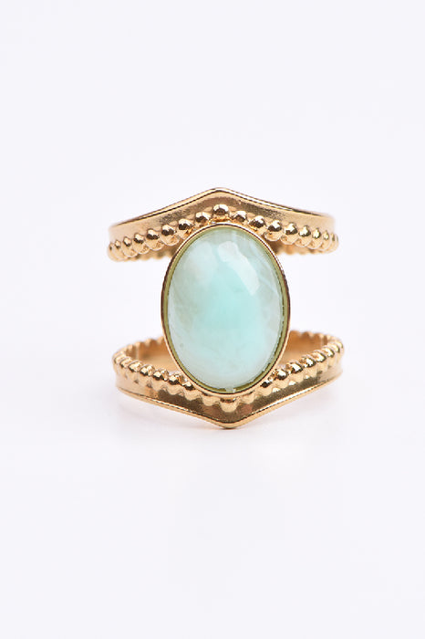 Ring Edelstahl vergoldet blaue Jade 2-reihig Spitz zulaufend gefasst verstellbar