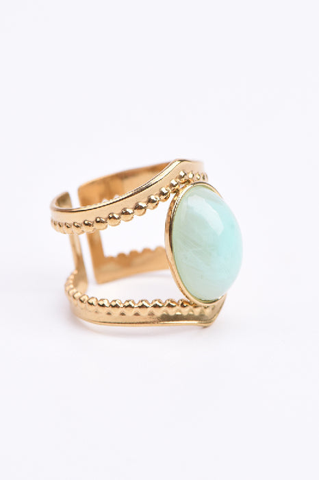 Ring Edelstahl vergoldet blaue Jade 2-reihig Spitz zulaufend gefasst verstellbar