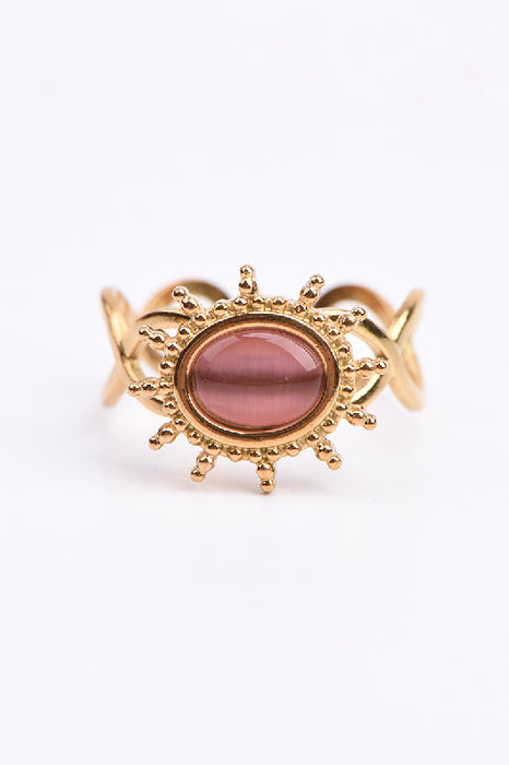 Ring Edelstahl vergoldet rosa Katzenauge mit sonnenförmiger Fassung verstellbar