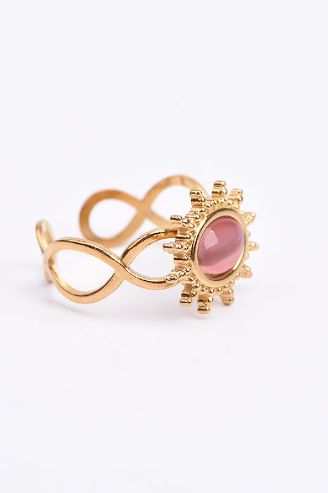 Ring Edelstahl vergoldet rosa Katzenauge mit sonnenförmiger Fassung verstellbar