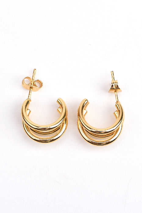 Earring stainless steel gold plated half hoop smooth 3-row