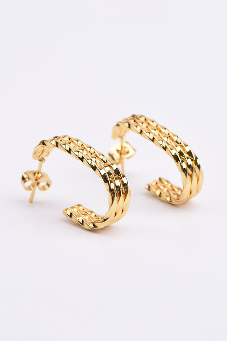 Earring stainless steel gold-plated half hoop 3-strand rectangular