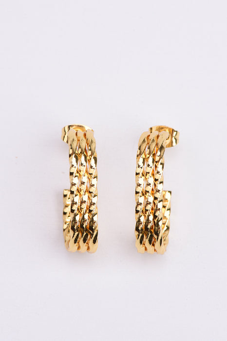Earring stainless steel gold-plated half hoop 3-strand rectangular