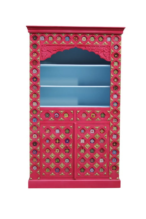 Schrank Vitrine Mangoholz rot/multicolor mit 2 Türen , 2 Schubladen und 3 offenen Fächern 120x40x200cm