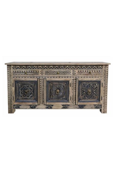 Sideboard Mangoholz mit 3 Türen und 3 Schubladen nature/schwarz Mandala 185x40x100cm