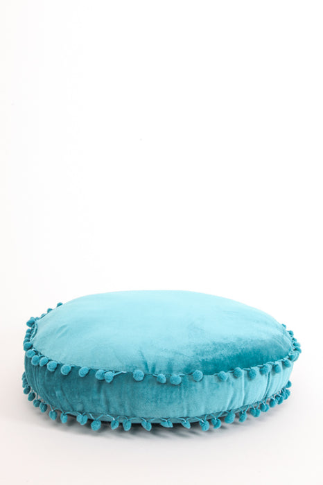 Coussin décoratif rond Pom Pom turquoise