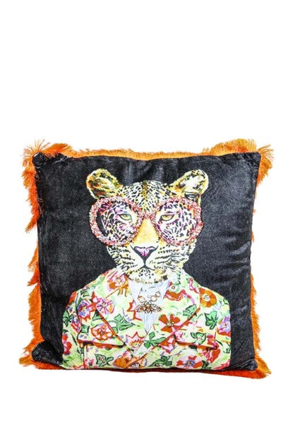 Coussin déco viscose/velours léopard avec lunettes 45x45 cm