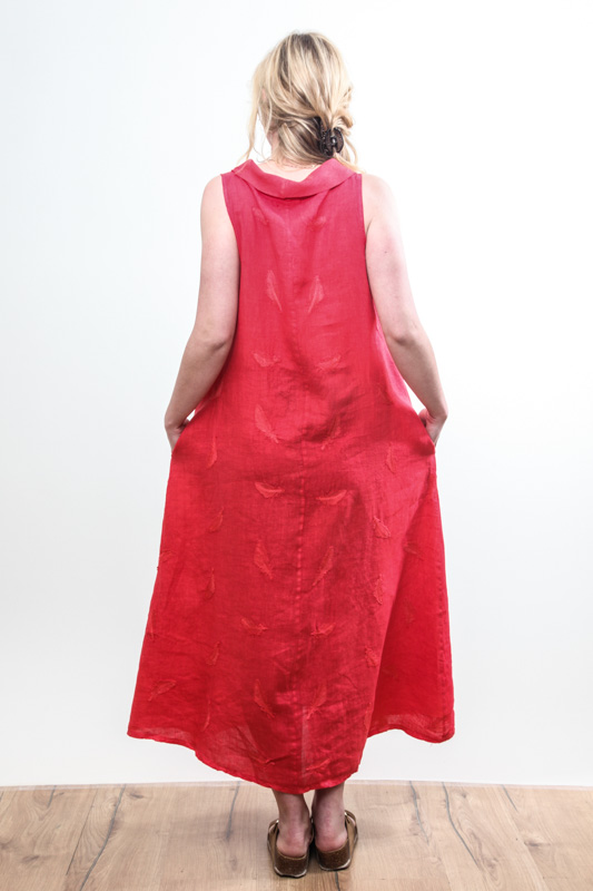 Leinenkleid kurzarm lang Schalkragen rot - One Size